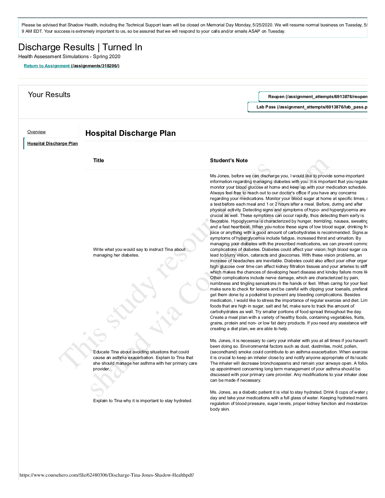 Preview of Tina Jones Hospital Discharge Plan NURS 261 Discharge Results Shadow Health